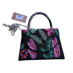 NWT Savanna Beaded Floral Black Handbag With Chain Strap & Top Handle